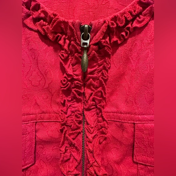 COLDWATER Creek Red Damask Zip Jeans Jacket With Ruffle Trim sz 2X - Picture 3 of 8
